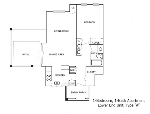 2-D floor plan of 1-Bedroom, 1-Bath Lower End Unit Apartment with fenced patio area (Type "A")